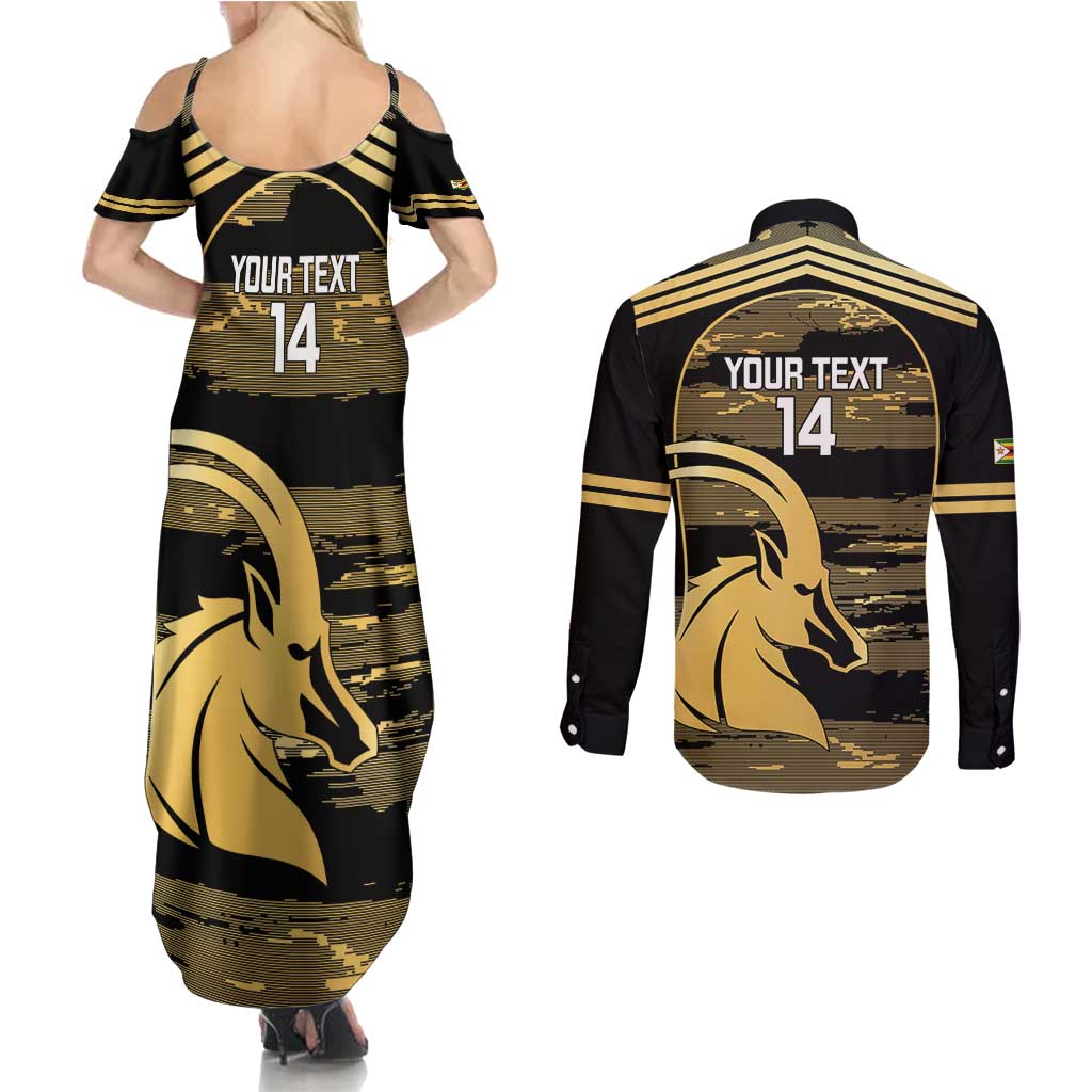 Zimbabwe Rugby Custom Couples Matching Summer Maxi Dress and Long Sleeve Button Shirt Come On Sables Gold Black Version - Wonder Print Shop