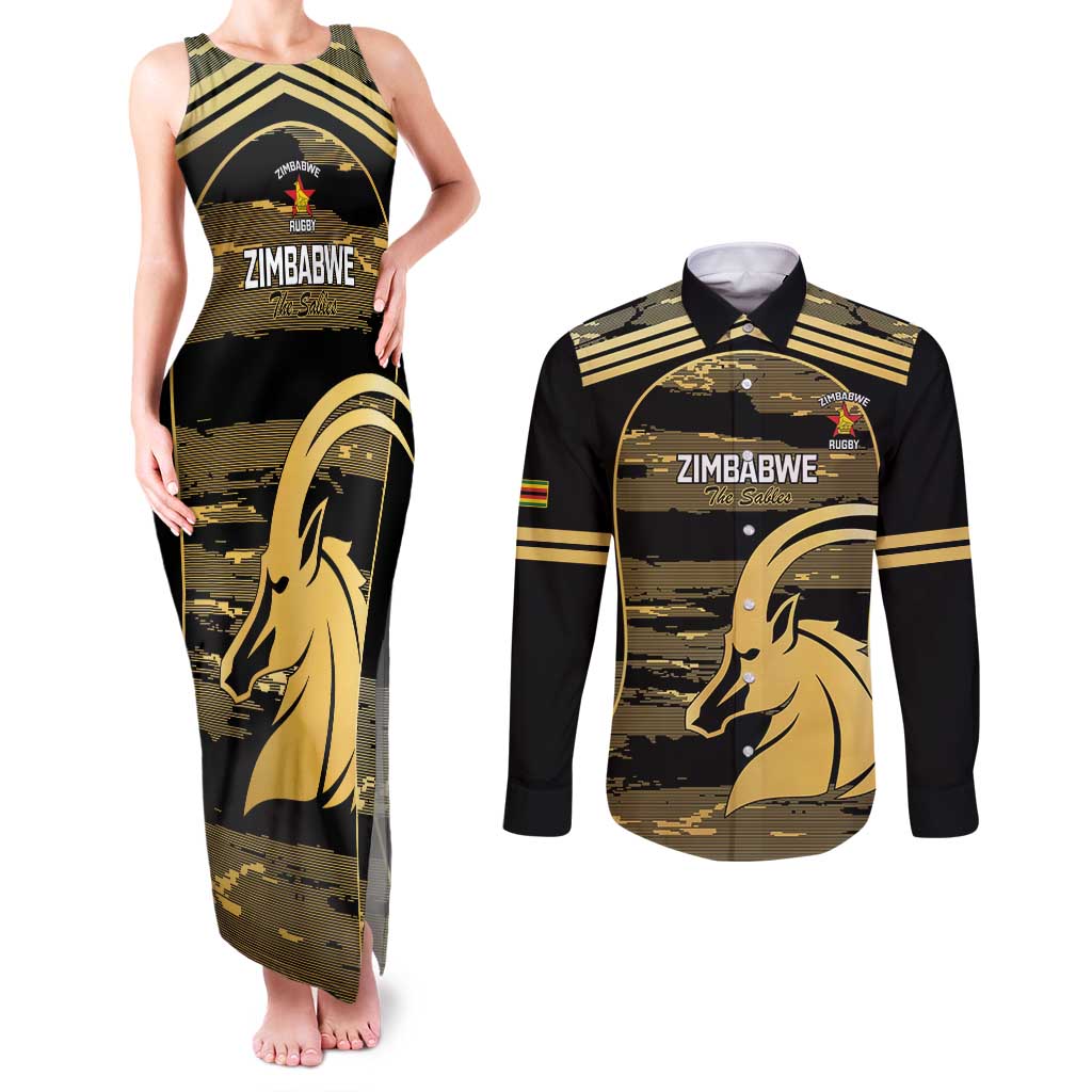 Zimbabwe Rugby Custom Couples Matching Tank Maxi Dress and Long Sleeve Button Shirt Come On Sables Gold Black Version - Wonder Print Shop