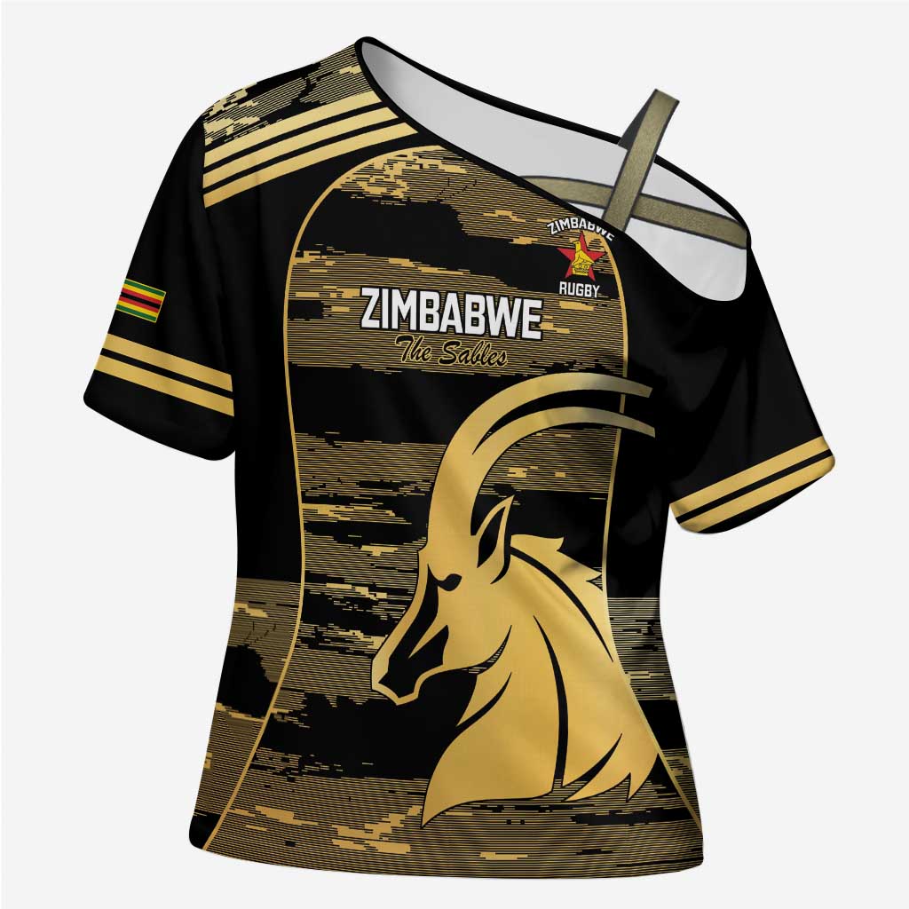 Zimbabwe Rugby Custom Cross Shoulder Shirt Come On Sables Gold Black Version - Wonder Print Shop