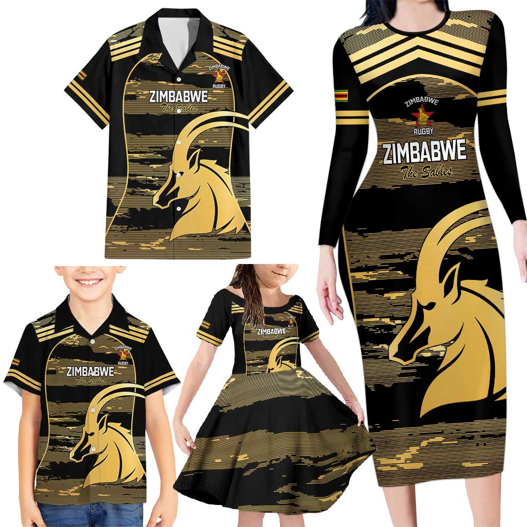 Zimbabwe Rugby Custom Family Matching Long Sleeve Bodycon Dress and Hawaiian Shirt Come On Sables Gold Black Version - Wonder Print Shop