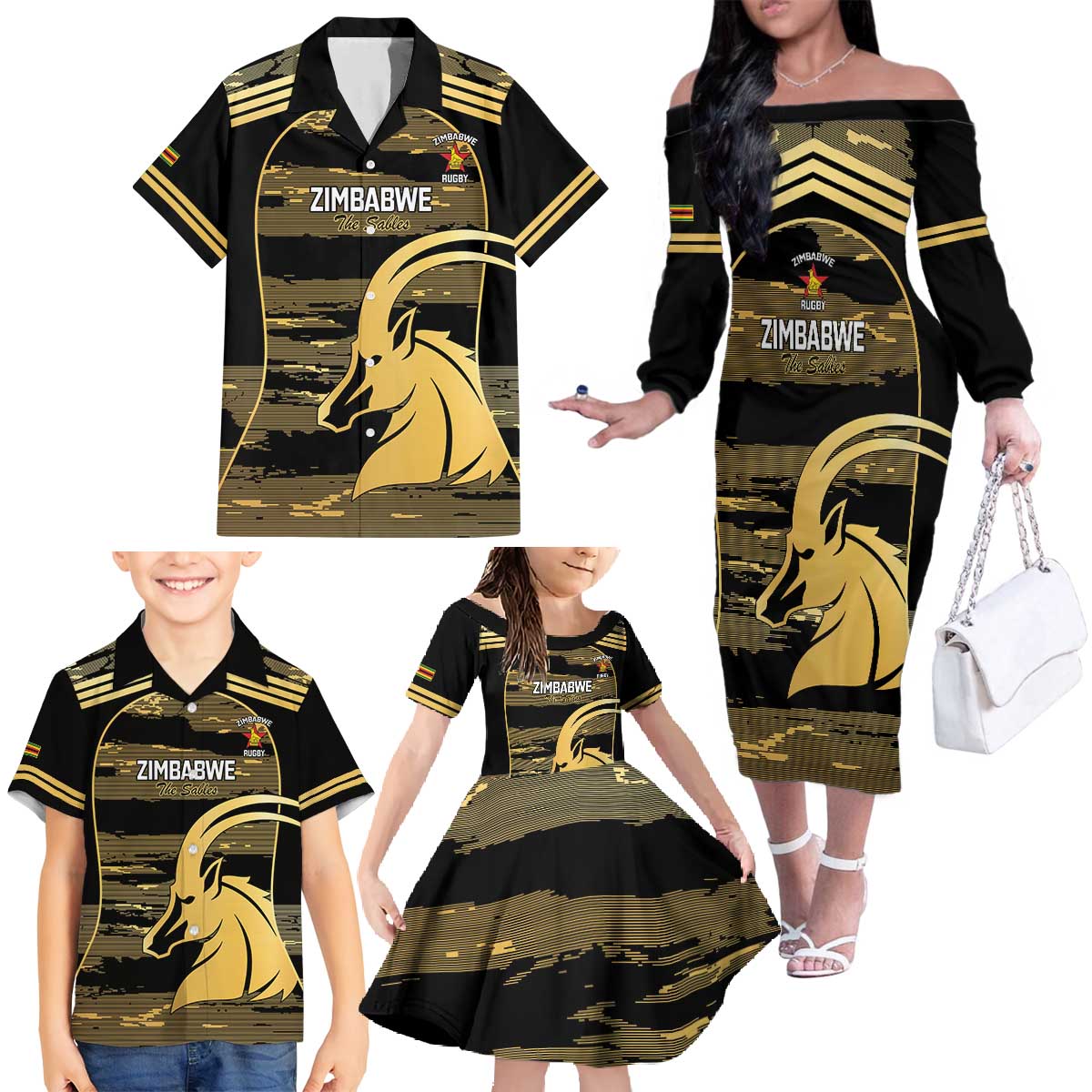 Zimbabwe Rugby Custom Family Matching Off The Shoulder Long Sleeve Dress and Hawaiian Shirt Come On Sables Gold Black Version - Wonder Print Shop
