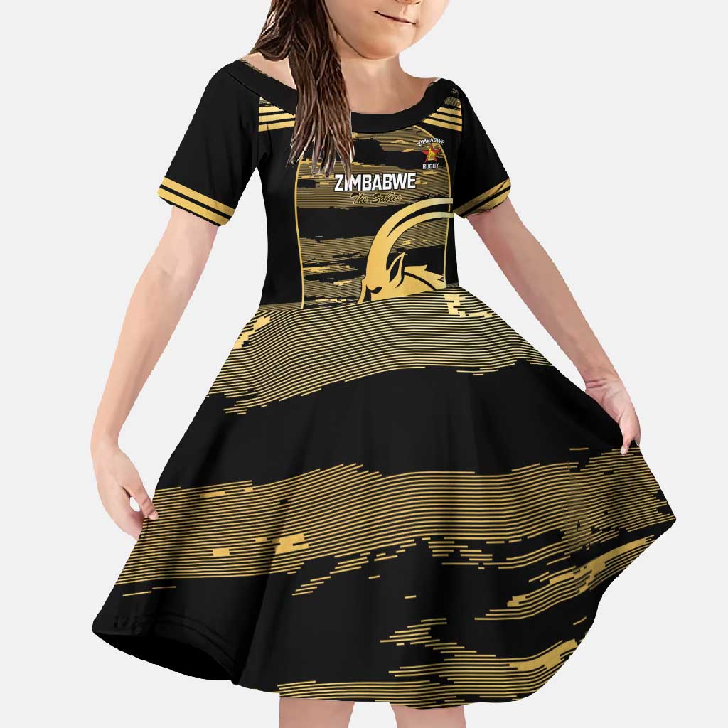 Zimbabwe Rugby Custom Family Matching Off Shoulder Maxi Dress and Hawaiian Shirt Come On Sables Gold Black Version - Wonder Print Shop