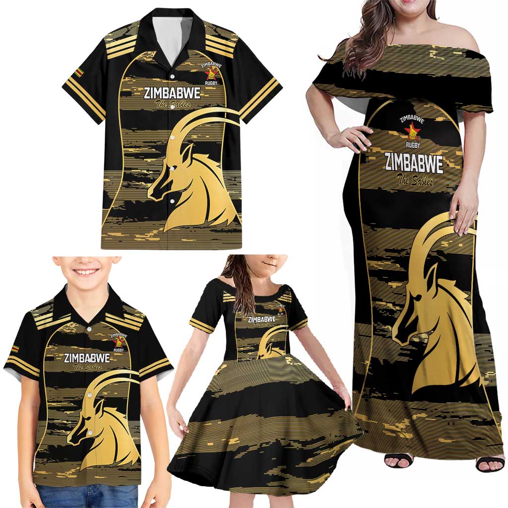 Zimbabwe Rugby Custom Family Matching Off Shoulder Maxi Dress and Hawaiian Shirt Come On Sables Gold Black Version - Wonder Print Shop