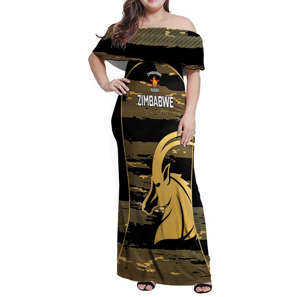 Zimbabwe Rugby Custom Family Matching Off Shoulder Maxi Dress and Hawaiian Shirt Come On Sables Gold Black Version - Wonder Print Shop