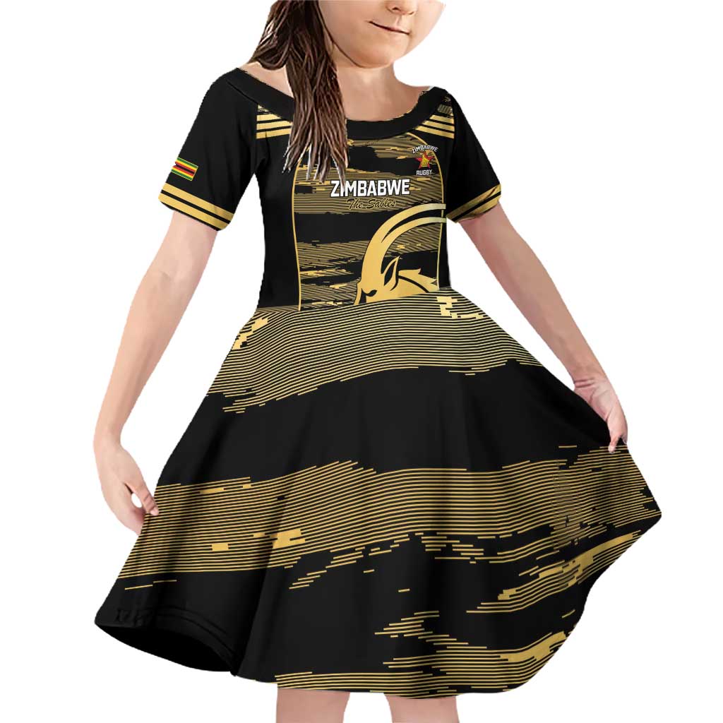 Zimbabwe Rugby Custom Family Matching Off Shoulder Short Dress and Hawaiian Shirt Come On Sables Gold Black Version - Wonder Print Shop