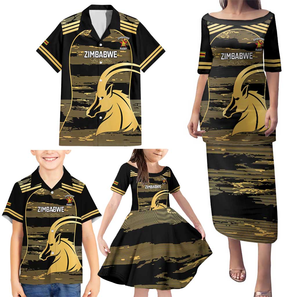 Zimbabwe Rugby Custom Family Matching Puletasi and Hawaiian Shirt Come On Sables Gold Black Version - Wonder Print Shop