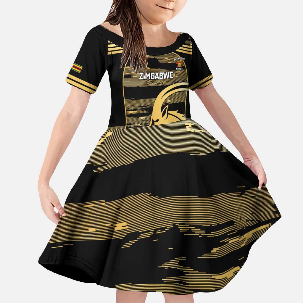 Zimbabwe Rugby Custom Family Matching Short Sleeve Bodycon Dress and Hawaiian Shirt Come On Sables Gold Black Version - Wonder Print Shop