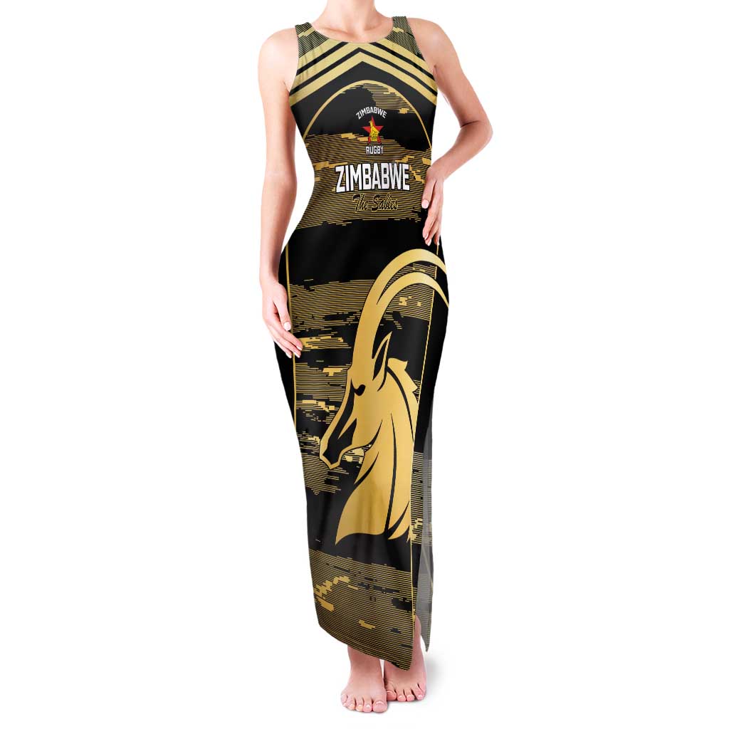 Zimbabwe Rugby Custom Family Matching Tank Maxi Dress and Hawaiian Shirt Come On Sables Gold Black Version - Wonder Print Shop