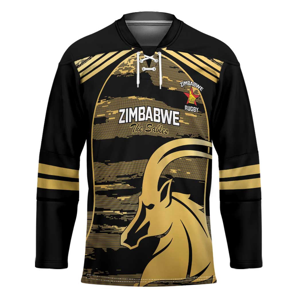 Zimbabwe Rugby Custom Hockey Jersey Come On Sables Gold Black Version - Wonder Print Shop