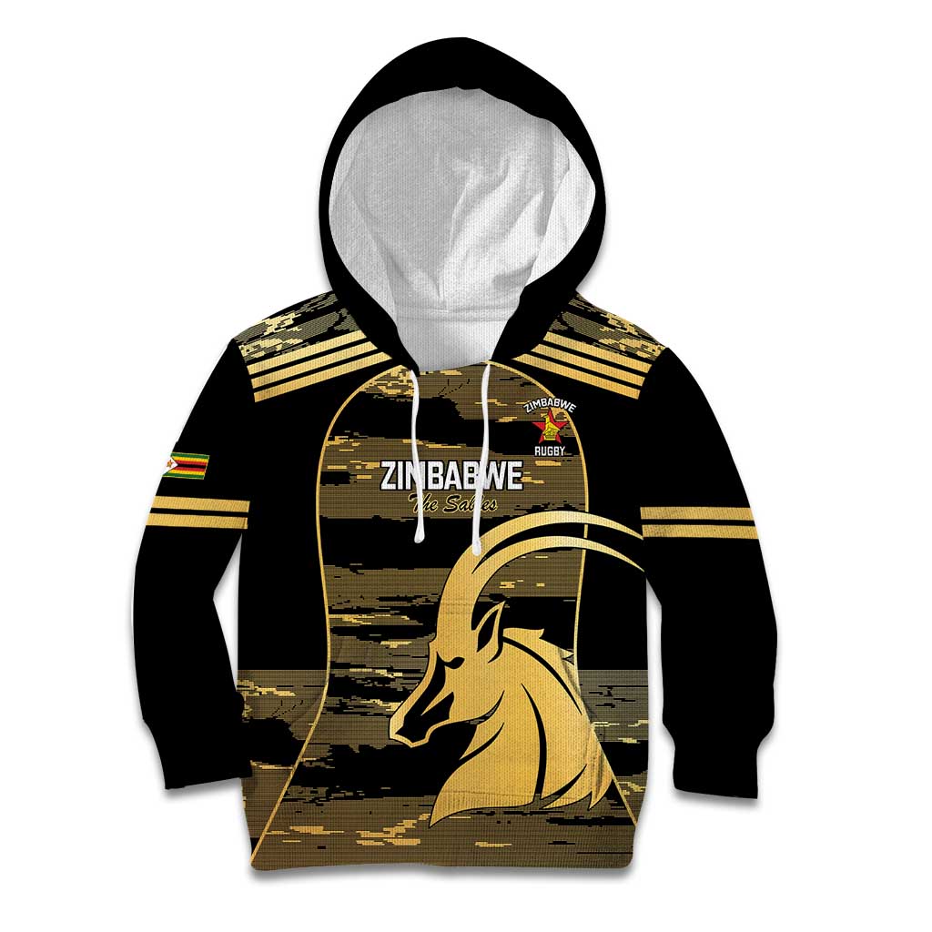 Zimbabwe Rugby Custom Kid Hoodie Come On Sables Gold Black Version - Wonder Print Shop