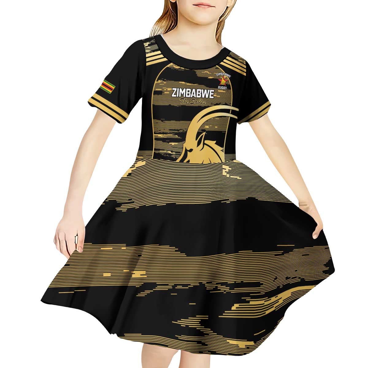 Zimbabwe Rugby Custom Kid Short Sleeve Dress Come On Sables Gold Black Version - Wonder Print Shop