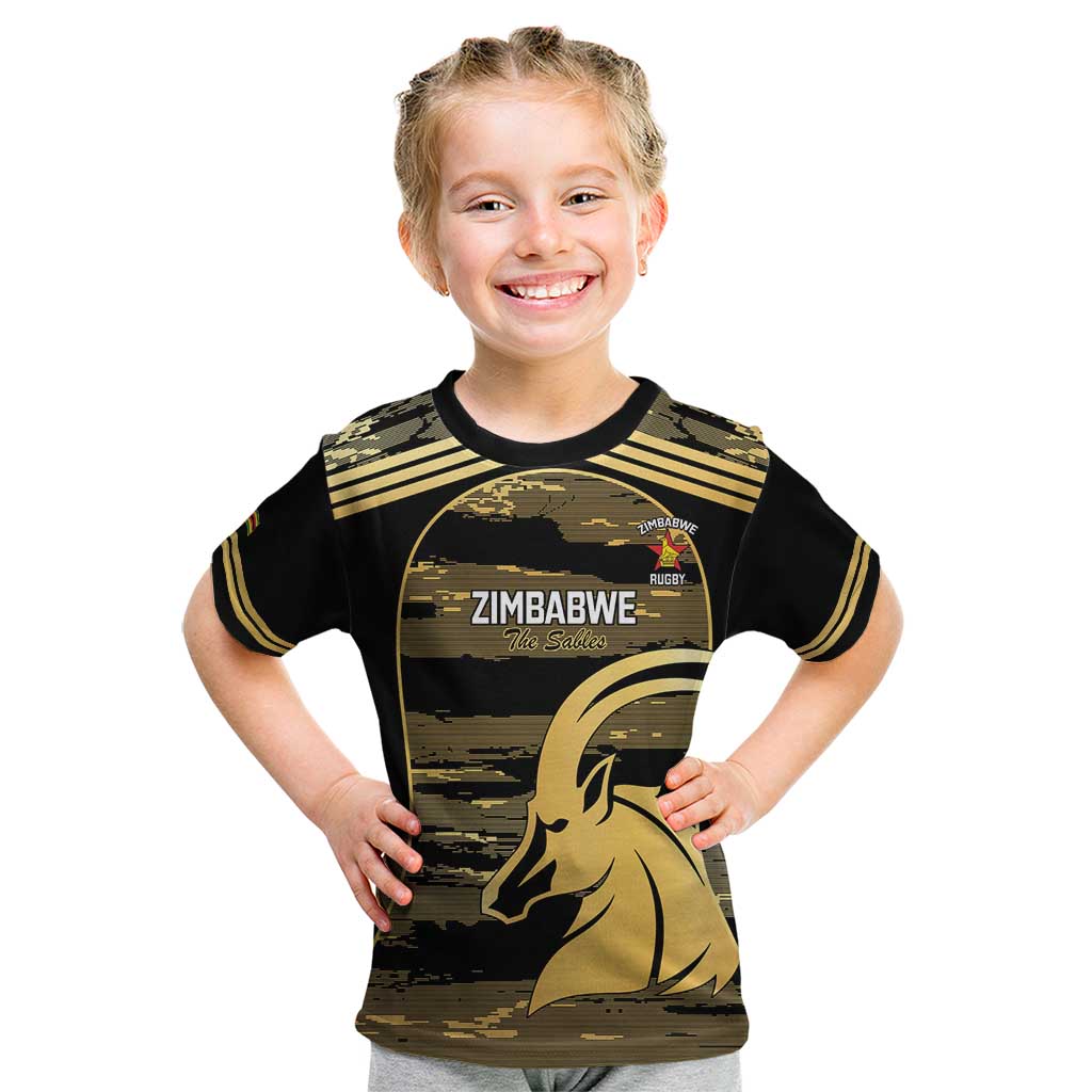 Zimbabwe Rugby Custom Kid T Shirt Come On Sables Gold Black Version - Wonder Print Shop