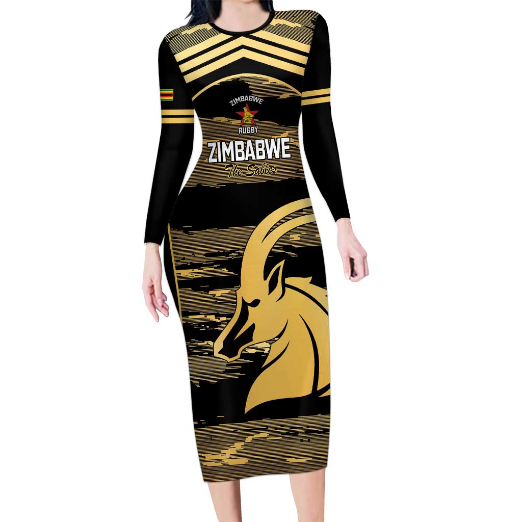 Zimbabwe Rugby Custom Long Sleeve Bodycon Dress Come On Sables Gold Black Version - Wonder Print Shop