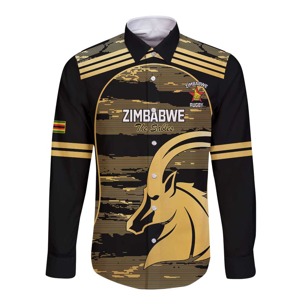 Zimbabwe Rugby Custom Long Sleeve Button Shirt Come On Sables Gold Black Version - Wonder Print Shop
