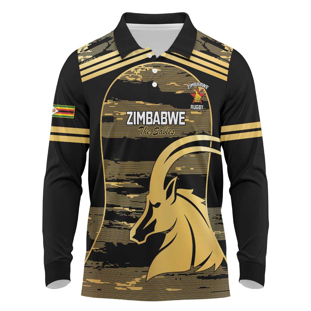 Zimbabwe Rugby Custom Long Sleeve Polo Shirt Come On Sables Gold Black Version - Wonder Print Shop