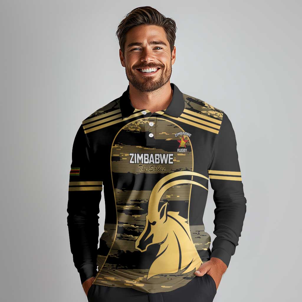 Zimbabwe Rugby Custom Long Sleeve Polo Shirt Come On Sables Gold Black Version - Wonder Print Shop