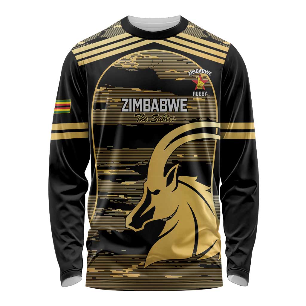Zimbabwe Rugby Custom Long Sleeve Shirt Come On Sables Gold Black Version - Wonder Print Shop