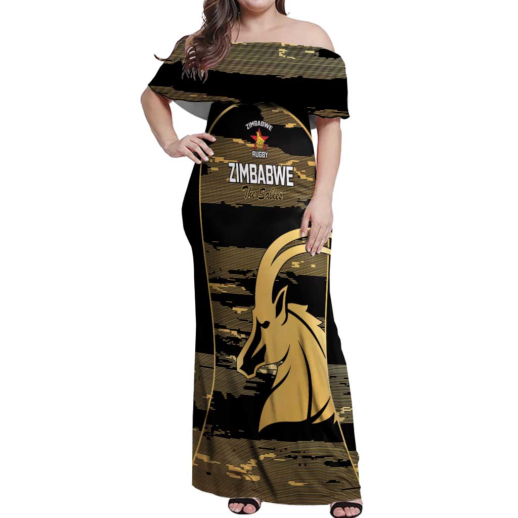 Zimbabwe Rugby Custom Off Shoulder Maxi Dress Come On Sables Gold Black Version - Wonder Print Shop