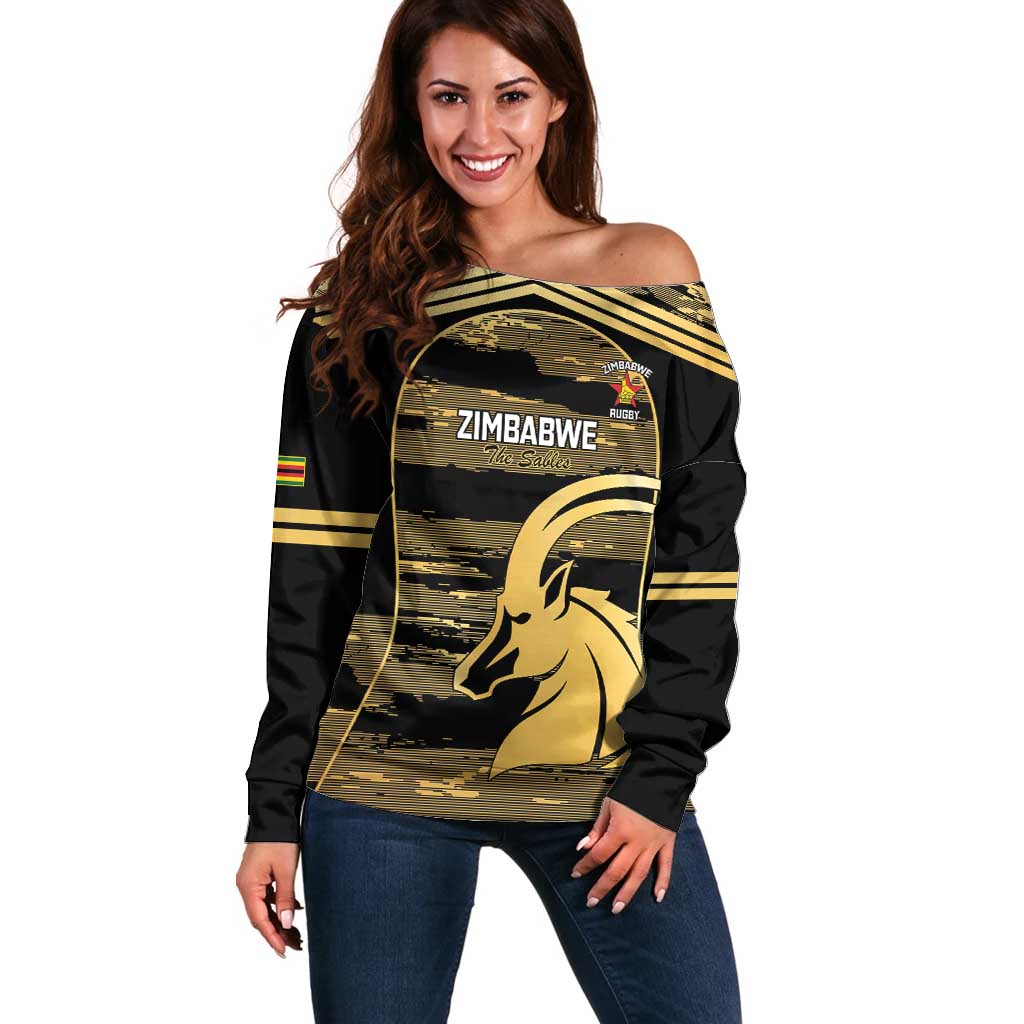 Zimbabwe Rugby Custom Off Shoulder Sweater Come On Sables Gold Black Version - Wonder Print Shop