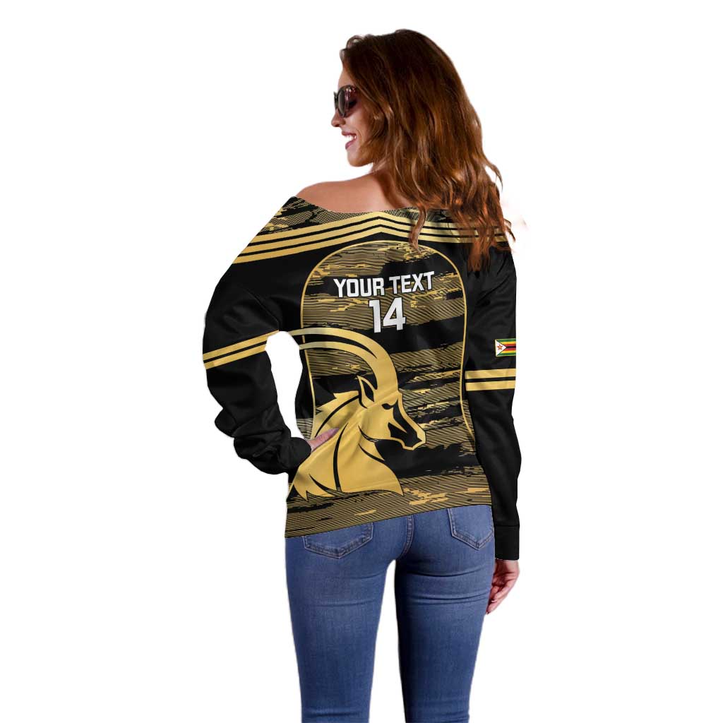 Zimbabwe Rugby Custom Off Shoulder Sweater Come On Sables Gold Black Version - Wonder Print Shop