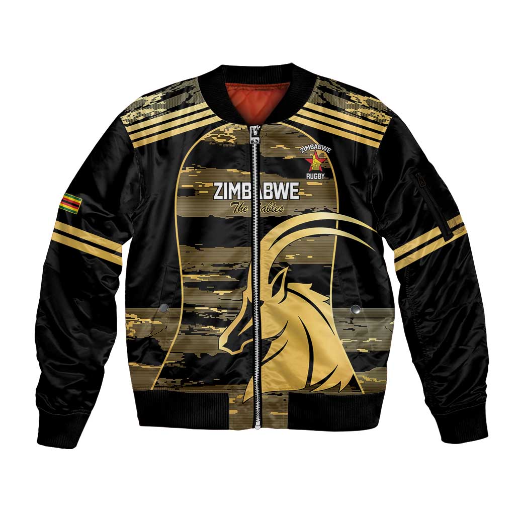 Zimbabwe Rugby Custom Sleeve Zip Bomber Jacket Come On Sables Gold Black Version - Wonder Print Shop