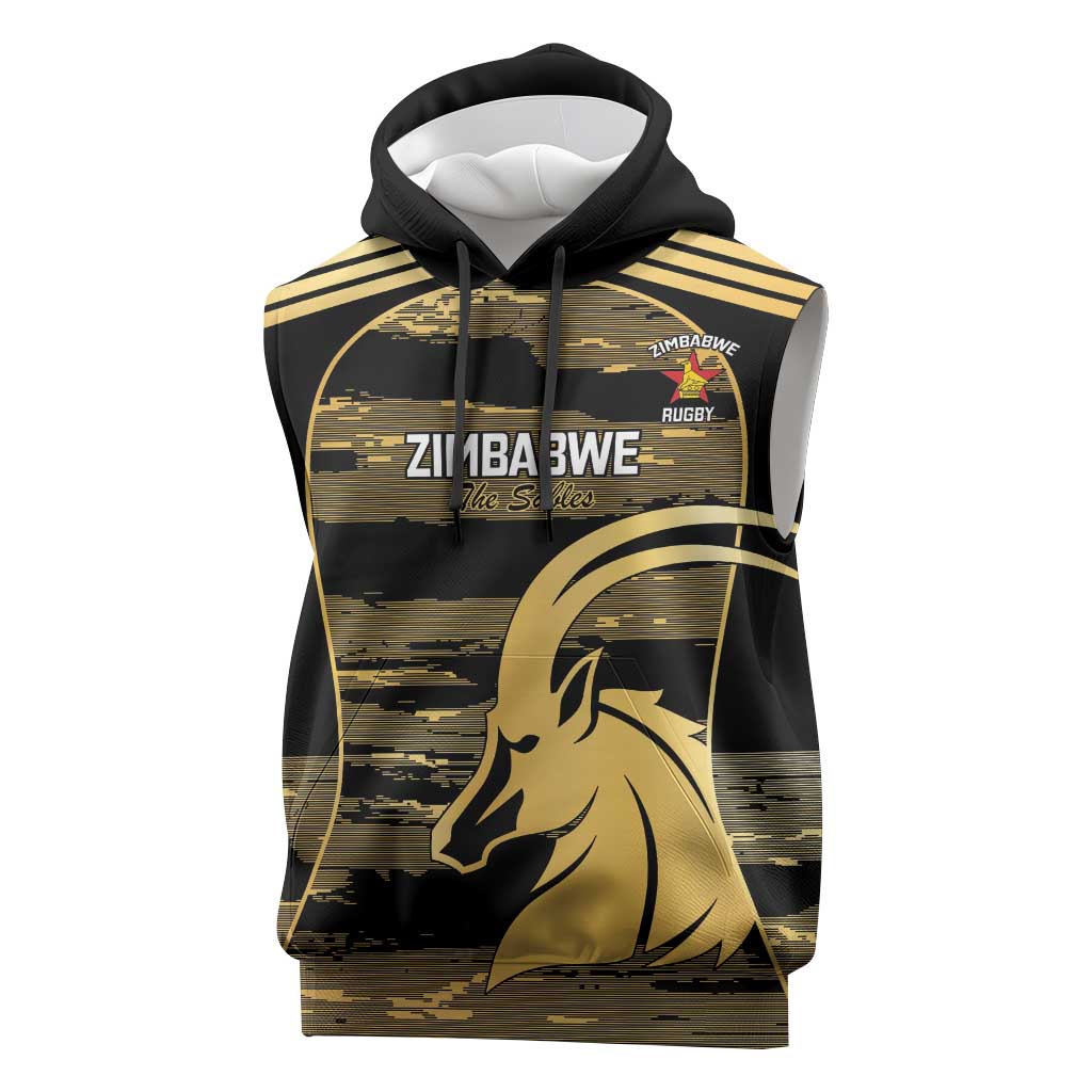Zimbabwe Rugby Custom Sleeveless Hoodie Come On Sables Gold Black Version - Wonder Print Shop