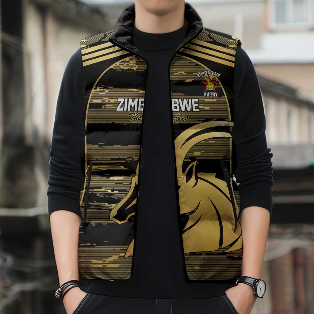 Zimbabwe Rugby Custom Sleeveless Puffer Jacket Come On Sables Gold Black Version - Wonder Print Shop