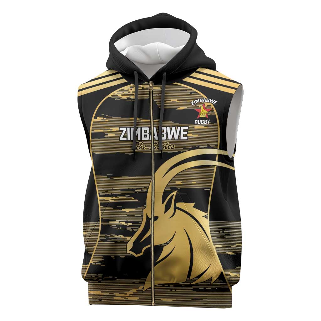 Zimbabwe Rugby Custom Sleeveless Zip Hoodie Come On Sables Gold Black Version - Wonder Print Shop