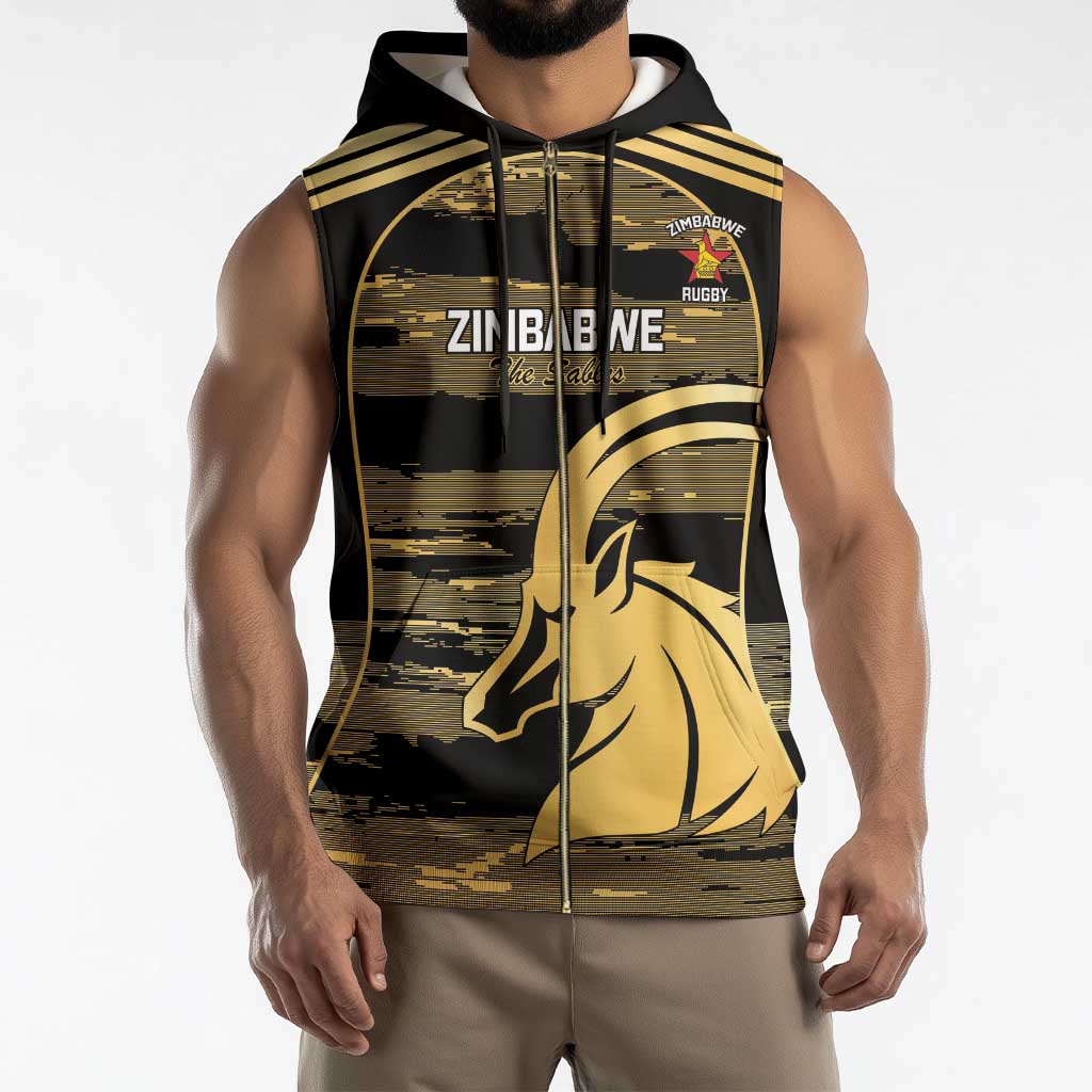 Zimbabwe Rugby Custom Sleeveless Zip Hoodie Come On Sables Gold Black Version - Wonder Print Shop