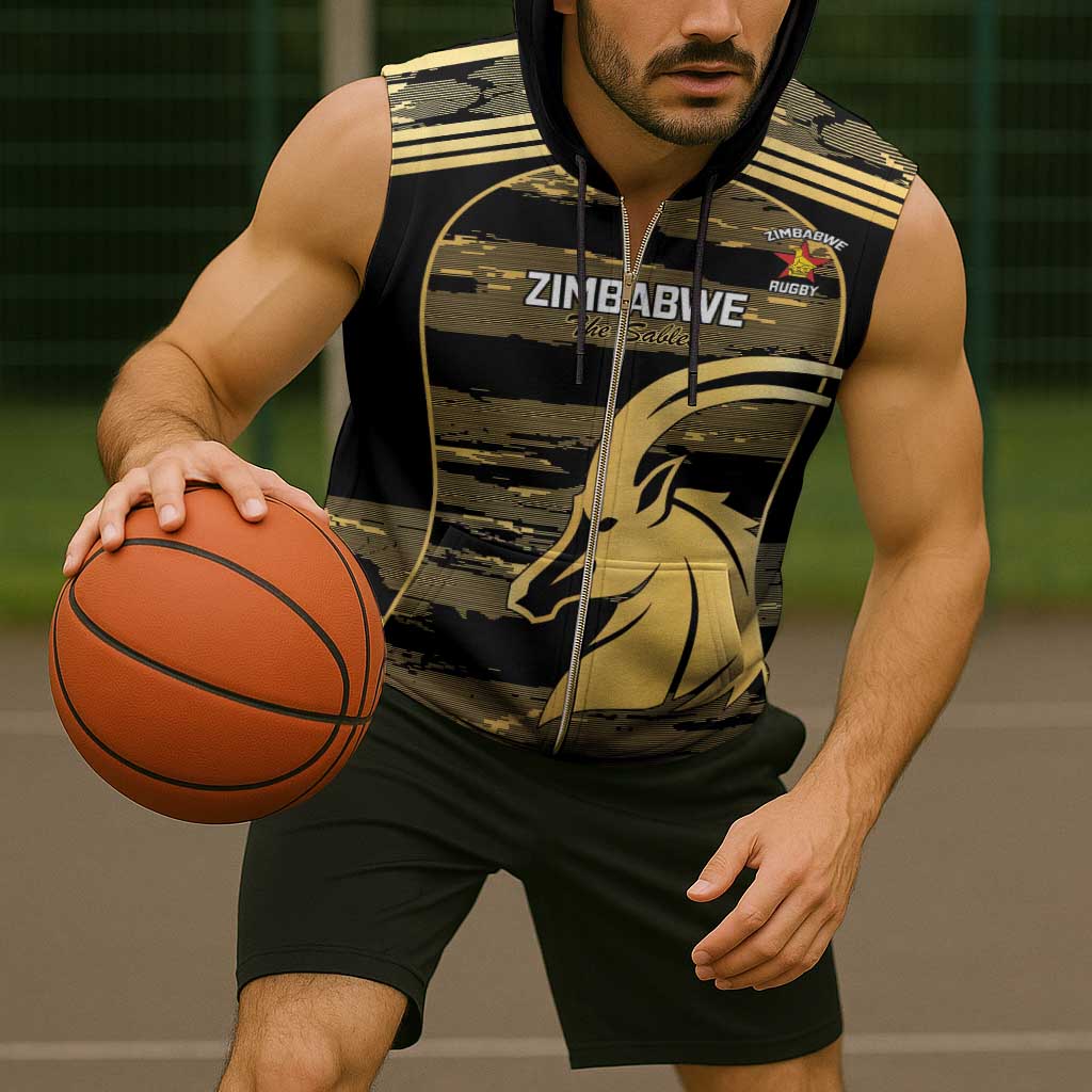 Zimbabwe Rugby Custom Sleeveless Zip Hoodie Come On Sables Gold Black Version - Wonder Print Shop