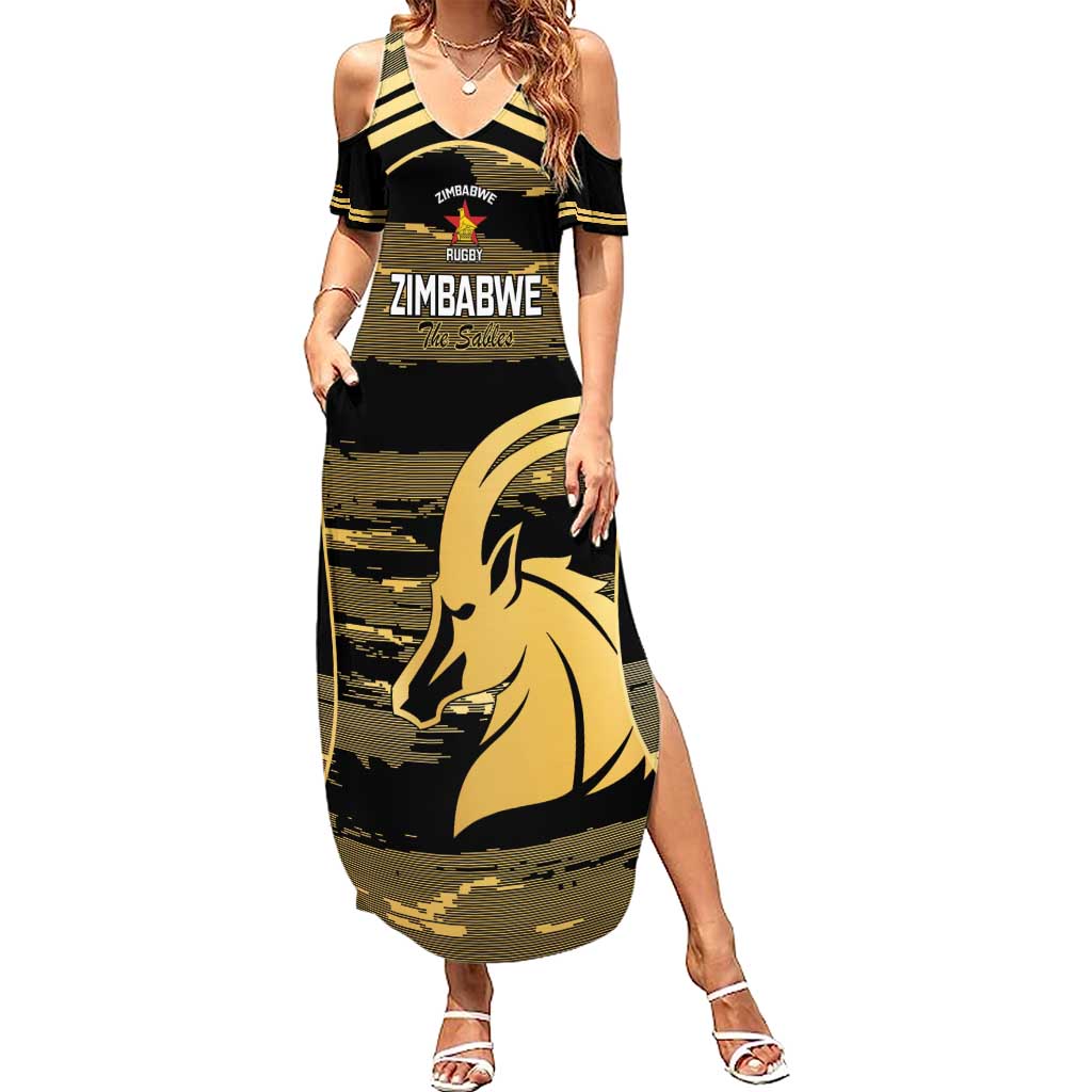 Zimbabwe Rugby Custom Summer Maxi Dress Come On Sables Gold Black Version - Wonder Print Shop