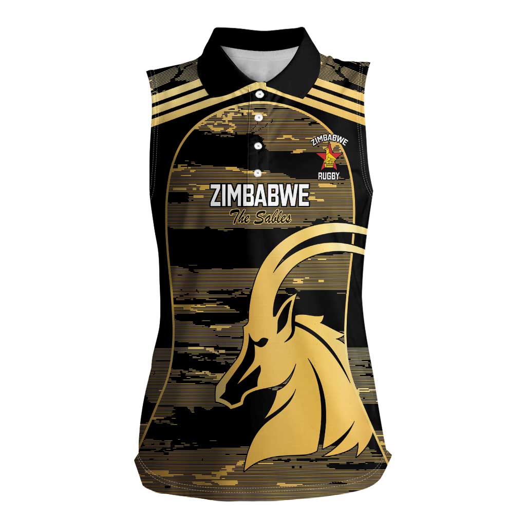 Zimbabwe Rugby Custom Women Sleeveless Polo Shirt Come On Sables Gold Black Version - Wonder Print Shop