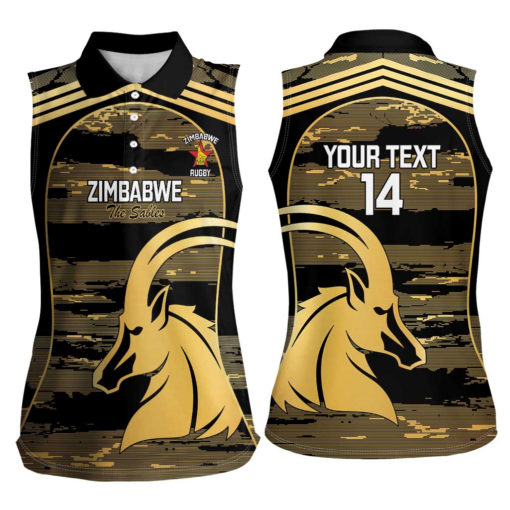 Zimbabwe Rugby Custom Women Sleeveless Polo Shirt Come On Sables Gold Black Version - Wonder Print Shop