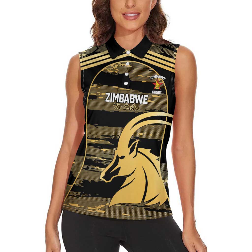 Zimbabwe Rugby Custom Women Sleeveless Polo Shirt Come On Sables Gold Black Version - Wonder Print Shop