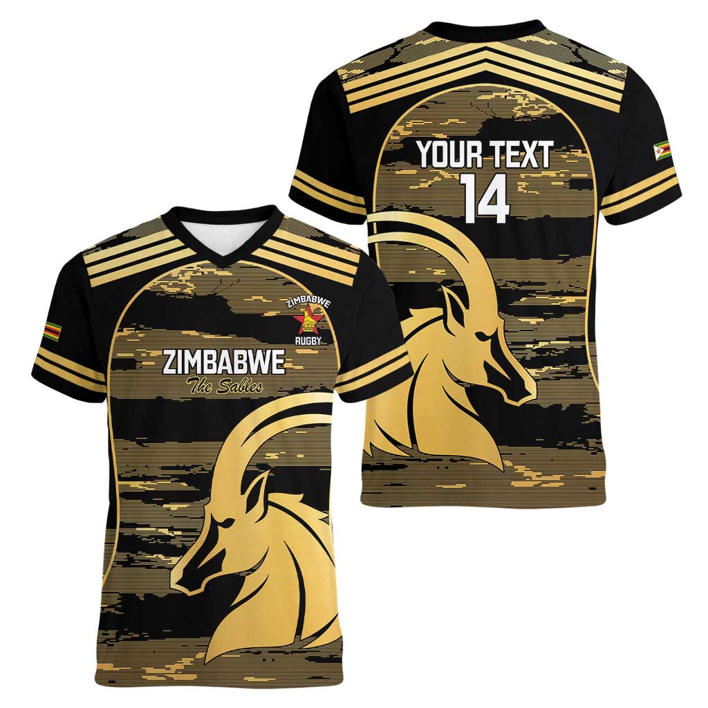 Zimbabwe Rugby Custom Women V-Neck T-Shirt Come On Sables Gold Black Version - Wonder Print Shop