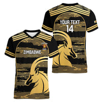 Zimbabwe Rugby Custom Women V-Neck T-Shirt Come On Sables Gold Black Version - Wonder Print Shop