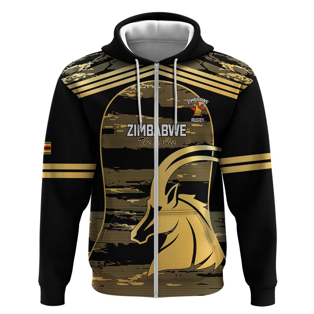 Zimbabwe Rugby Custom Zip Hoodie Come On Sables Gold Black Version - Wonder Print Shop