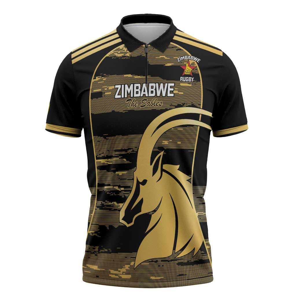 Zimbabwe Rugby Custom Zipper Polo Shirt Come On Sables Gold Black Version - Wonder Print Shop