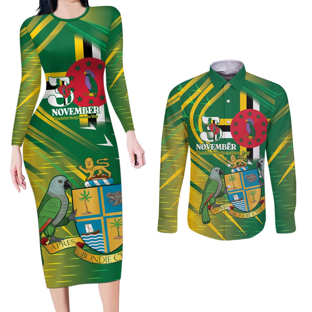 Dominica Independence Day Couples Matching Long Sleeve Bodycon Dress and Long Sleeve Button Shirt 3 November Coat Of Arms - Wonder Print Shop