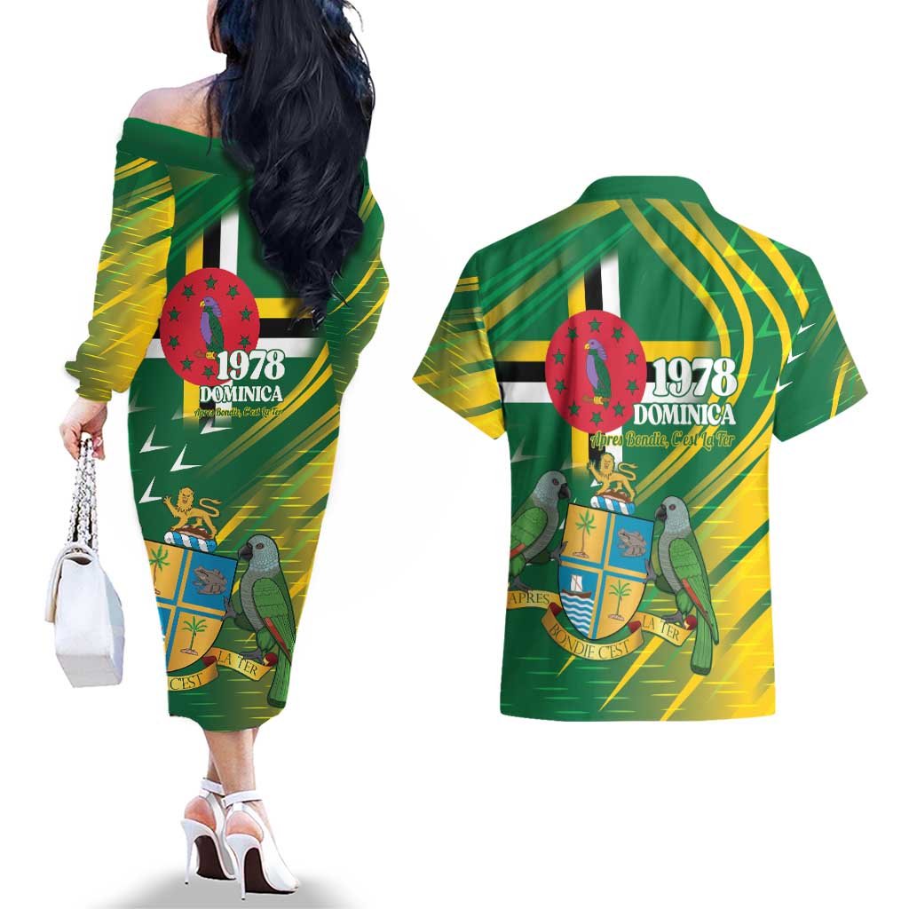 Dominica Independence Day Couples Matching Off The Shoulder Long Sleeve Dress and Hawaiian Shirt 3 November Coat Of Arms - Wonder Print Shop