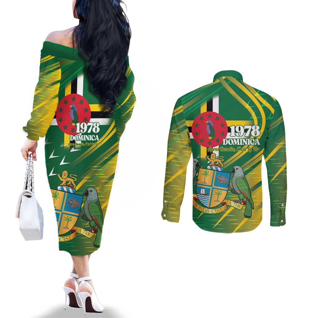 Dominica Independence Day Couples Matching Off The Shoulder Long Sleeve Dress and Long Sleeve Button Shirt 3 November Coat Of Arms - Wonder Print Shop