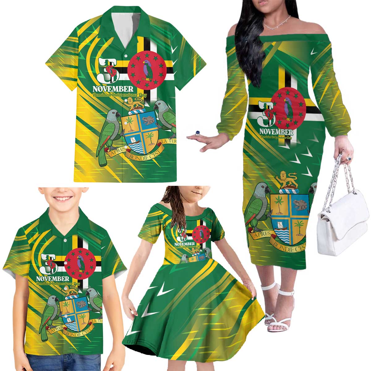 Dominica Independence Day Family Matching Off The Shoulder Long Sleeve Dress and Hawaiian Shirt 3 November Coat Of Arms - Wonder Print Shop