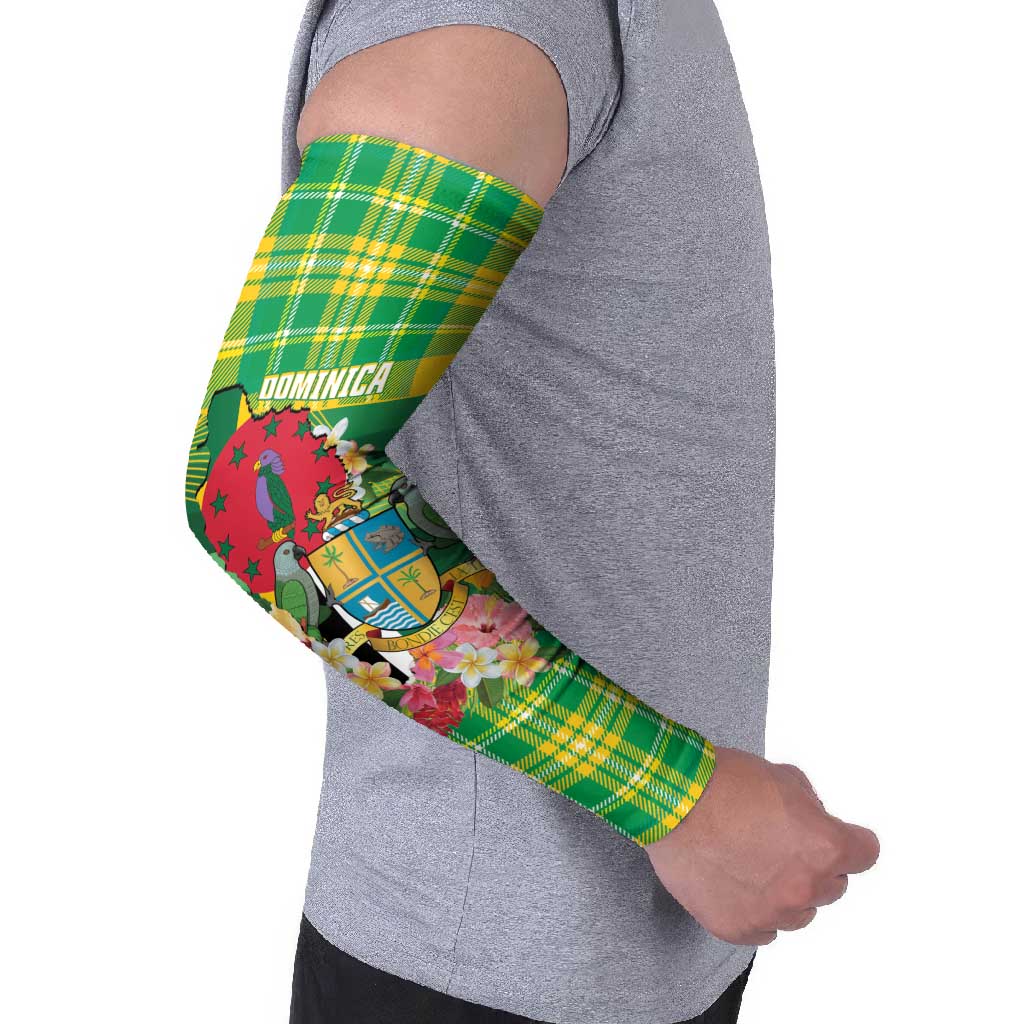Personalized Dominica Independence Day Arm Sleeves Map With Coat Of Arms Madras Pattern - Wonder Print Shop