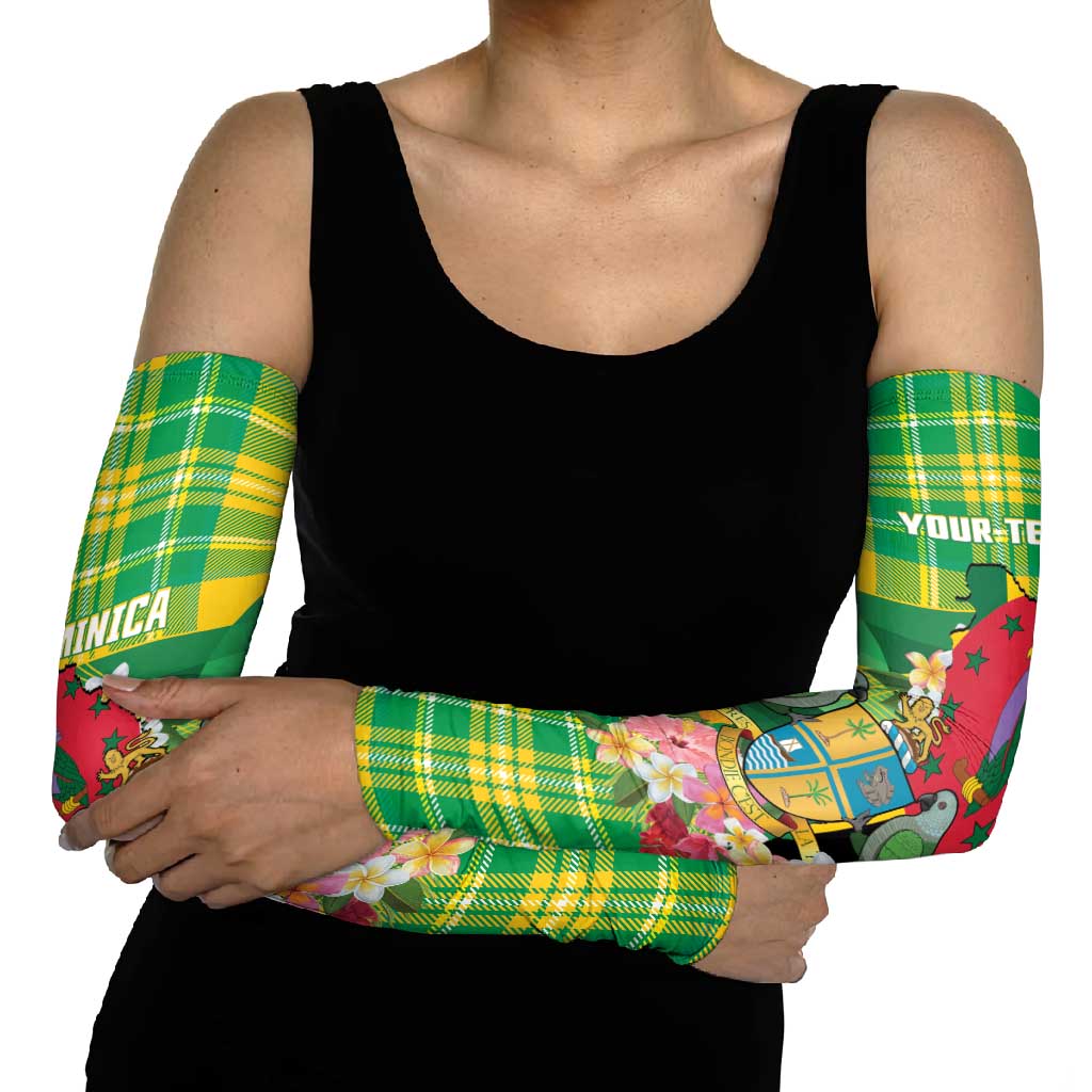 Personalized Dominica Independence Day Arm Sleeves Map With Coat Of Arms Madras Pattern - Wonder Print Shop