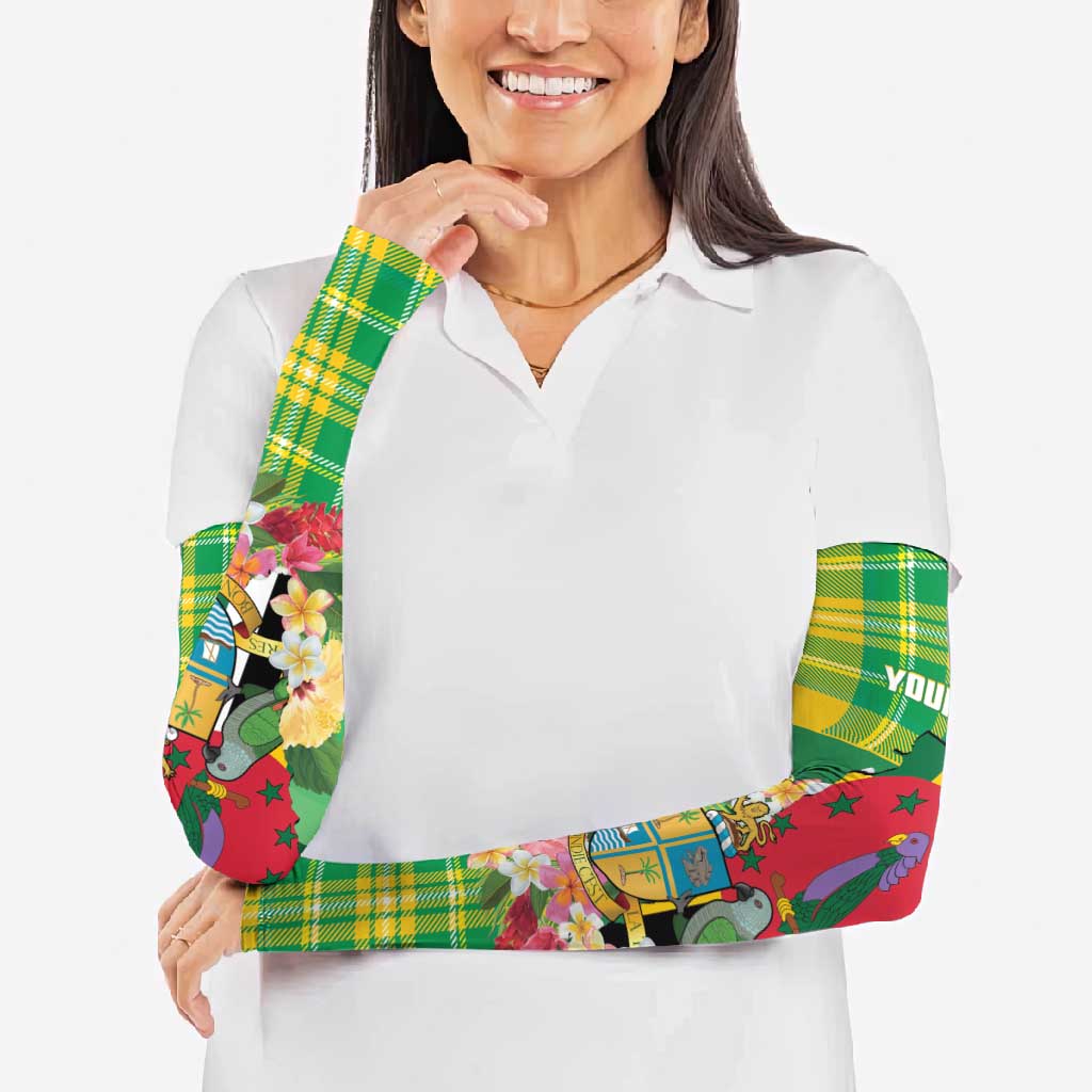 Personalized Dominica Independence Day Arm Sleeves Map With Coat Of Arms Madras Pattern - Wonder Print Shop