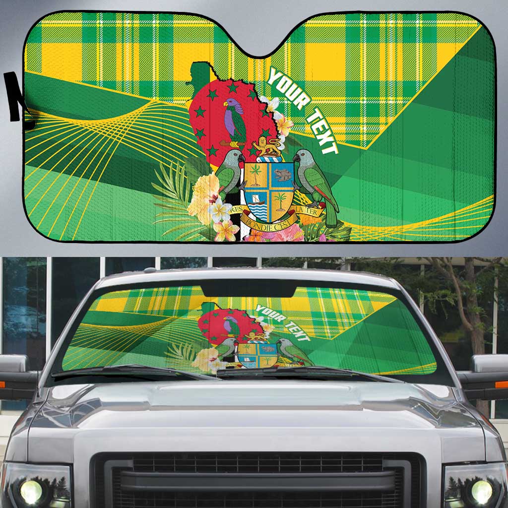 Personalized Dominica Independence Day Auto Sun Shade Map With Coat Of Arms Madras Pattern - Wonder Print Shop