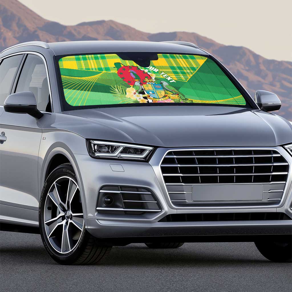 Personalized Dominica Independence Day Auto Sun Shade Map With Coat Of Arms Madras Pattern - Wonder Print Shop