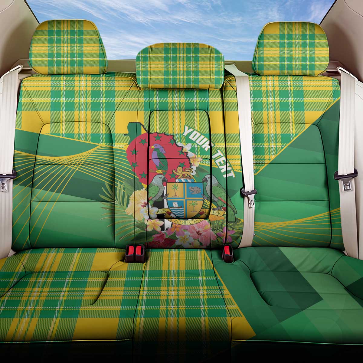 Personalized Dominica Independence Day Back Car Seat Cover Map With Coat Of Arms Madras Pattern - Wonder Print Shop