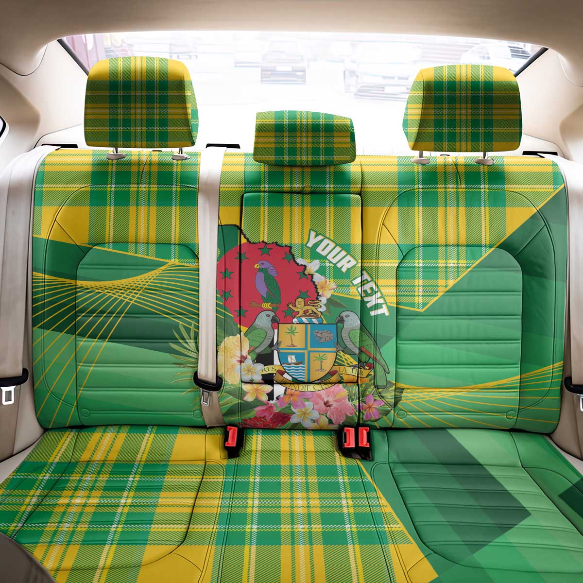 Personalized Dominica Independence Day Back Car Seat Cover Map With Coat Of Arms Madras Pattern - Wonder Print Shop