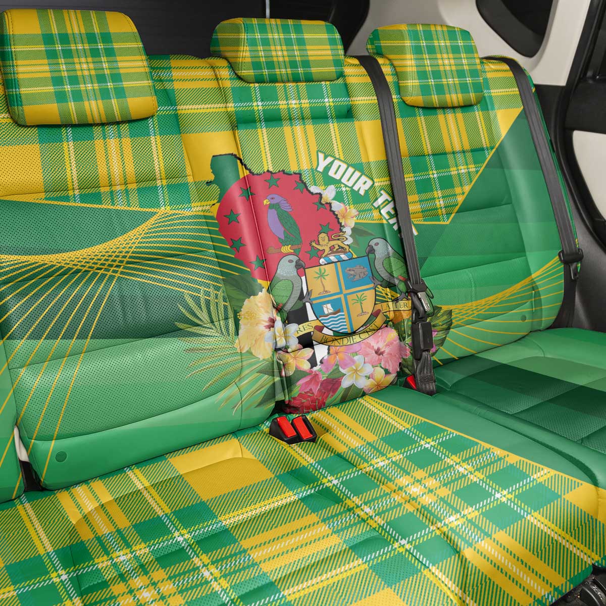 Personalized Dominica Independence Day Back Car Seat Cover Map With Coat Of Arms Madras Pattern - Wonder Print Shop